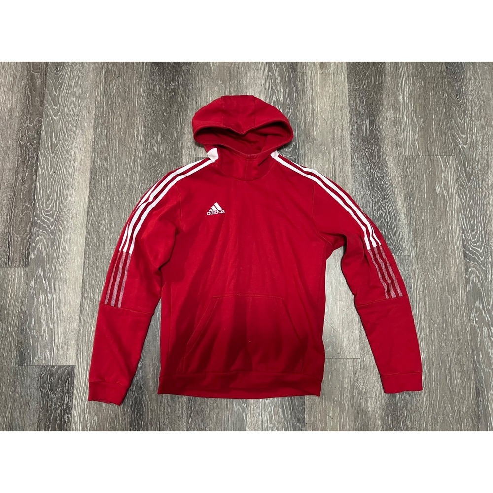 Adidas Mens Red Hoodie Three Stripe Classic Logo Activewear Sweatshirt Pullover